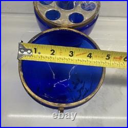 Vtg Cobalt Blue Glass 9 Egg Tantalus Decanter Shot Glass Hinged Angel & UFO