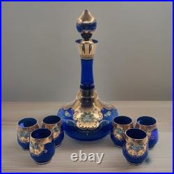 Vtg. Colbalt Blue Glass Decanter Set with Gilt Enamel Floral Venetian Murano Decor