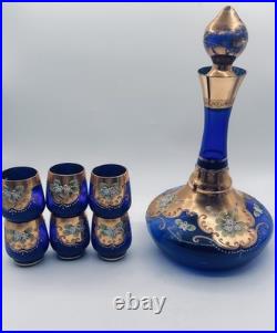 Vtg. Colbalt Blue Glass Decanter Set with Gilt Enamel Floral Venetian Murano Decor
