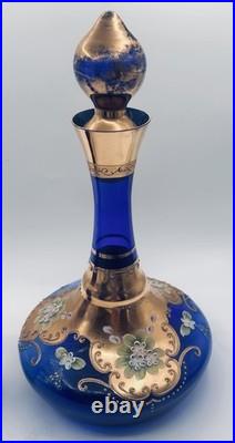 Vtg. Colbalt Blue Glass Decanter Set with Gilt Enamel Floral Venetian Murano Decor