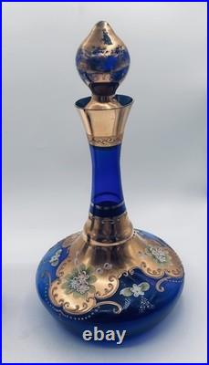 Vtg. Colbalt Blue Glass Decanter Set with Gilt Enamel Floral Venetian Murano Decor