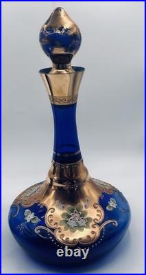 Vtg. Colbalt Blue Glass Decanter Set with Gilt Enamel Floral Venetian Murano Decor