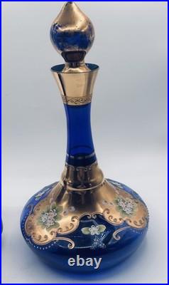 Vtg. Colbalt Blue Glass Decanter Set with Gilt Enamel Floral Venetian Murano Decor