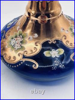 Vtg. Colbalt Blue Glass Decanter Set with Gilt Enamel Floral Venetian Murano Decor
