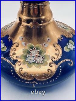 Vtg. Colbalt Blue Glass Decanter Set with Gilt Enamel Floral Venetian Murano Decor