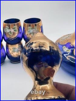 Vtg. Colbalt Blue Glass Decanter Set with Gilt Enamel Floral Venetian Murano Decor