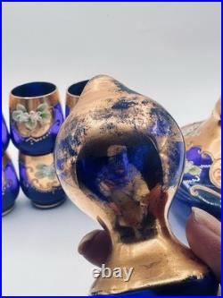 Vtg. Colbalt Blue Glass Decanter Set with Gilt Enamel Floral Venetian Murano Decor