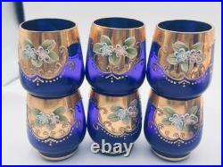 Vtg. Colbalt Blue Glass Decanter Set with Gilt Enamel Floral Venetian Murano Decor