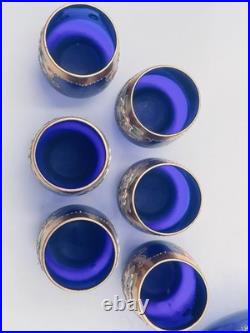 Vtg. Colbalt Blue Glass Decanter Set with Gilt Enamel Floral Venetian Murano Decor