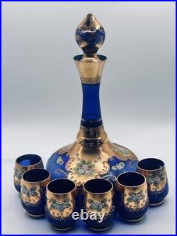 Vtg. Colbalt Blue Glass Decanter Set with Gilt Enamel Floral Venetian Murano Decor