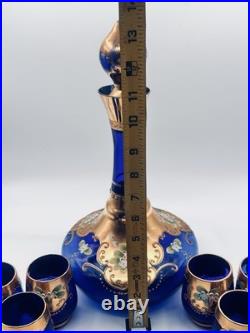 Vtg. Colbalt Blue Glass Decanter Set with Gilt Enamel Floral Venetian Murano Decor