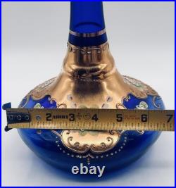 Vtg. Colbalt Blue Glass Decanter Set with Gilt Enamel Floral Venetian Murano Decor