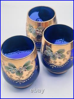 Vtg. Colbalt Blue Glass Decanter Set with Gilt Enamel Floral Venetian Murano Decor