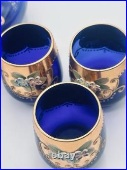 Vtg. Colbalt Blue Glass Decanter Set with Gilt Enamel Floral Venetian Murano Decor