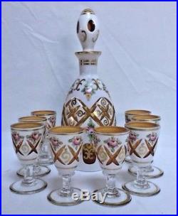Vtg Czech Bohemia Moser Opaque White Overlay Cut to Amber Glass Decanter Set 9Pc