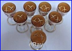 Vtg Czech Bohemia Moser Opaque White Overlay Cut to Amber Glass Decanter Set 9Pc