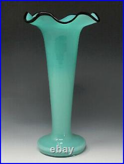 Vtg. Czech Glass Tango Vase AQUA BLUE BLACK LIP Czechoslovakia, kralik loetz era