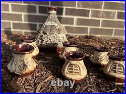 Vtg Decanter 6 Shot Glasses set Ceramic Figurines Hand Ukrainian