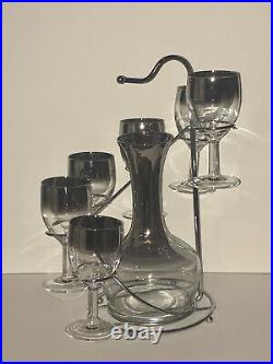 Vtg Dorothy Thorpe Silver Fade Mid Century Mod Wine Glasses Carafe Spiral Caddy