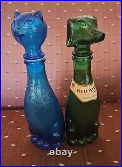 Vtg Empoli Cat & Dog Decanter Italian Green/blue Glass Bottle MCM 9 Stopper