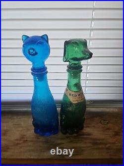 Vtg Empoli Cat & Dog Decanter Italian Green/blue Glass Bottle MCM 9 Stopper