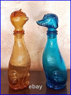 Vtg Empoli Cat and Dog Decanter Amber/Blue Glass Bottle, Italian 9 Inch MCM Cap