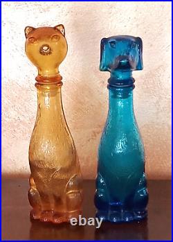 Vtg Empoli Cat and Dog Decanter Amber/Blue Glass Bottle, Italian 9 Inch MCM Cap