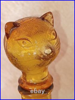 Vtg Empoli Cat and Dog Decanter Amber/Blue Glass Bottle, Italian 9 Inch MCM Cap