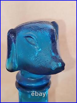 Vtg Empoli Cat and Dog Decanter Amber/Blue Glass Bottle, Italian 9 Inch MCM Cap