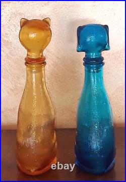 Vtg Empoli Cat and Dog Decanter Amber/Blue Glass Bottle, Italian 9 Inch MCM Cap