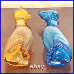 Vtg Empoli Cat and Dog Decanter Amber/Blue Glass Bottle, Italian 9 Inch MCM Cap