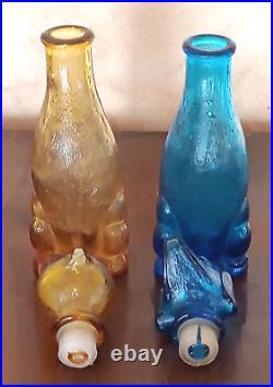 Vtg Empoli Cat and Dog Decanter Amber/Blue Glass Bottle, Italian 9 Inch MCM Cap