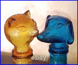 Vtg Empoli Cat and Dog Decanter Amber/Blue Glass Bottle, Italian 9 Inch MCM Cap