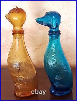 Vtg Empoli Cat and Dog Decanter Amber/Blue Glass Bottle, Italian 9 Inch MCM Cap