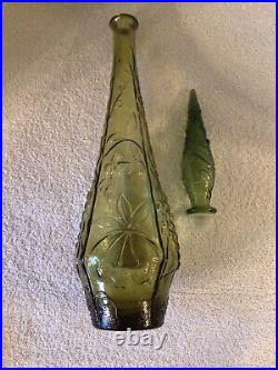Vtg Empoli Genie Bottle 22.75 Olive Glass Embossed Fruit Leaf- Wavy Stopper Vgc
