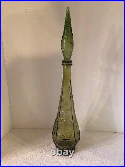 Vtg Empoli Genie Bottle 22.75 Olive Glass Embossed Fruit Leaf- Wavy Stopper Vgc