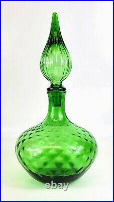 Vtg Empoli Italy Green Art Glass Diamond Optic Genie Bottle Decanter & Stopper