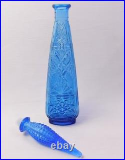 Vtg Empoli TIKI Ice Blue Glass Diamond Quilted Bottle Decanter with Stopper 19