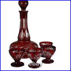 Vtg Ergemann Ruby Etched Hand Blown Glass Decanter Set with 4 Cordial Glasses