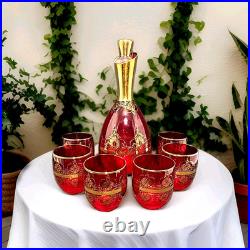 Vtg Ferro & Lazzarini Italian Murano Glass Ruby Red Gold Decanter 6 Glasses Set