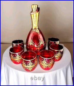 Vtg Ferro & Lazzarini Italian Murano Glass Ruby Red Gold Decanter 6 Glasses Set