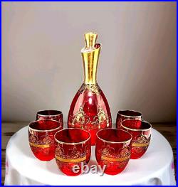 Vtg Ferro & Lazzarini Italian Murano Glass Ruby Red Gold Decanter 6 Glasses Set
