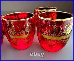 Vtg Ferro & Lazzarini Italian Murano Glass Ruby Red Gold Decanter 6 Glasses Set