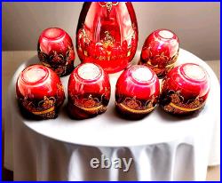 Vtg Ferro & Lazzarini Italian Murano Glass Ruby Red Gold Decanter 6 Glasses Set