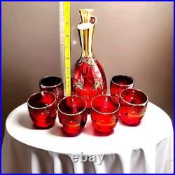 Vtg Ferro & Lazzarini Italian Murano Glass Ruby Red Gold Decanter 6 Glasses Set
