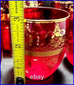 Vtg Ferro & Lazzarini Italian Murano Glass Ruby Red Gold Decanter 6 Glasses Set