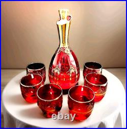 Vtg Ferro & Lazzarini Italian Murano Glass Ruby Red Gold Decanter 6 Glasses Set
