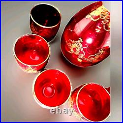 Vtg Ferro & Lazzarini Italian Murano Glass Ruby Red Gold Decanter 6 Glasses Set