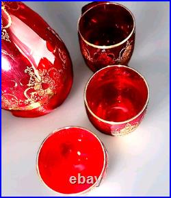 Vtg Ferro & Lazzarini Italian Murano Glass Ruby Red Gold Decanter 6 Glasses Set
