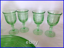 Vtg. GREEN GLASS DECANTER with STOPPER, TRAY & 4 2 oz GLASSES RIBS RINGS CIRCLES